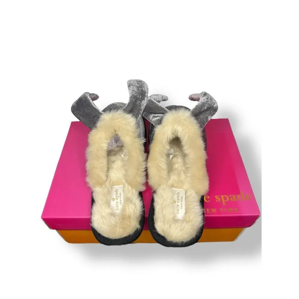 Kate Spade New York Bonnie‎ Bunny Slippers Grey Velvet Women’s 6 NEW Rare